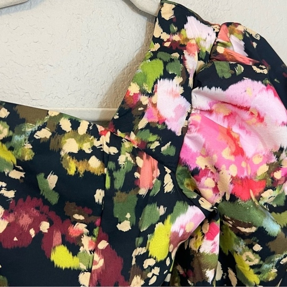 Hazel Womens One Shoulder Floral Puff Sleeve Crop Top Black Pink Size Small - Picture 2 of 4
